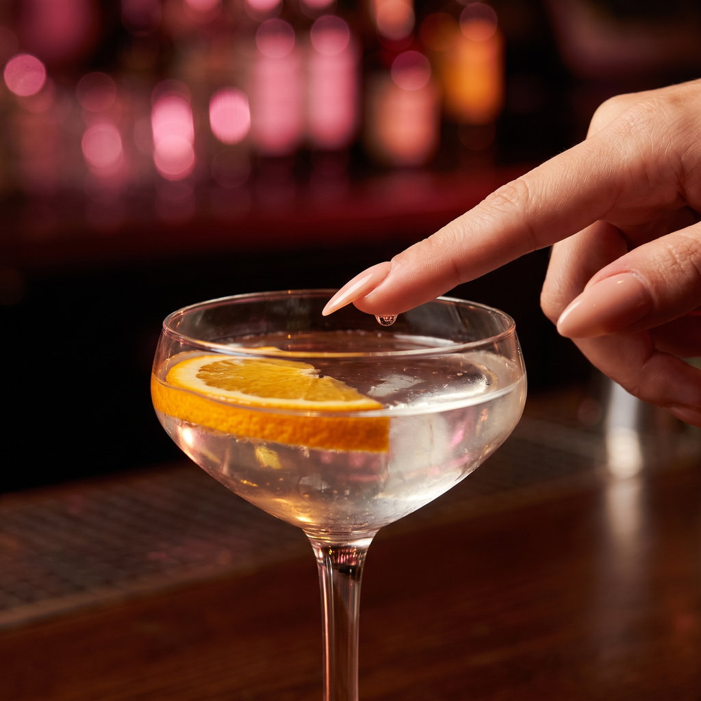 Touching a drop of the drink with a fingertip