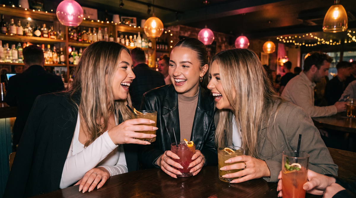 Friends laughing at a cocktail bar