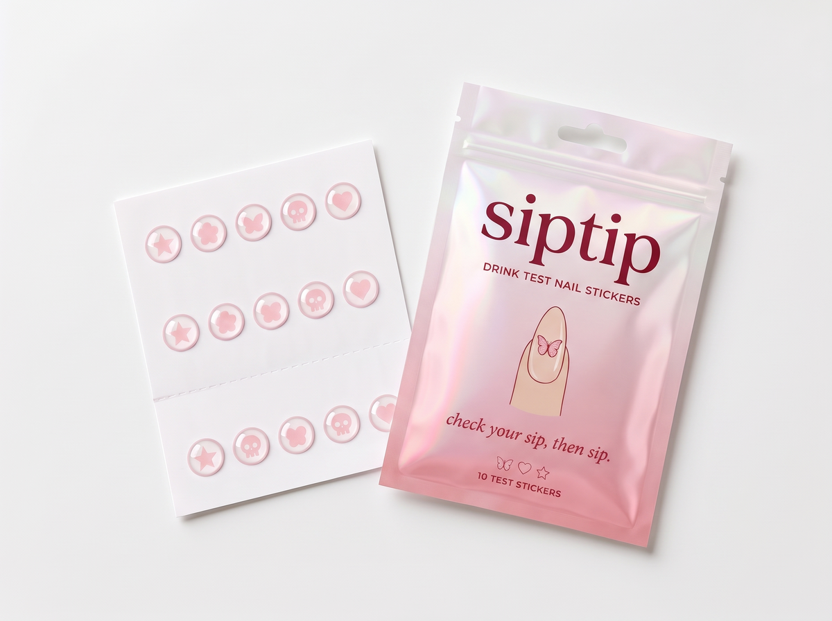 SipTip sticker card with clear dome stickers beside the pouch