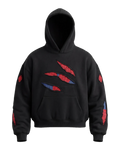 Web Slash Hoodie, black heavyweight fleece with slashed cut-outs showing red and blue web panels