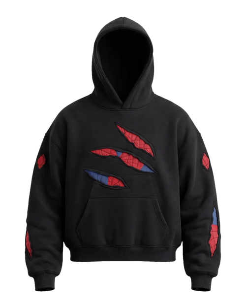 Web Slash Hoodie, black heavyweight fleece with slashed cut-outs showing red and blue web panels